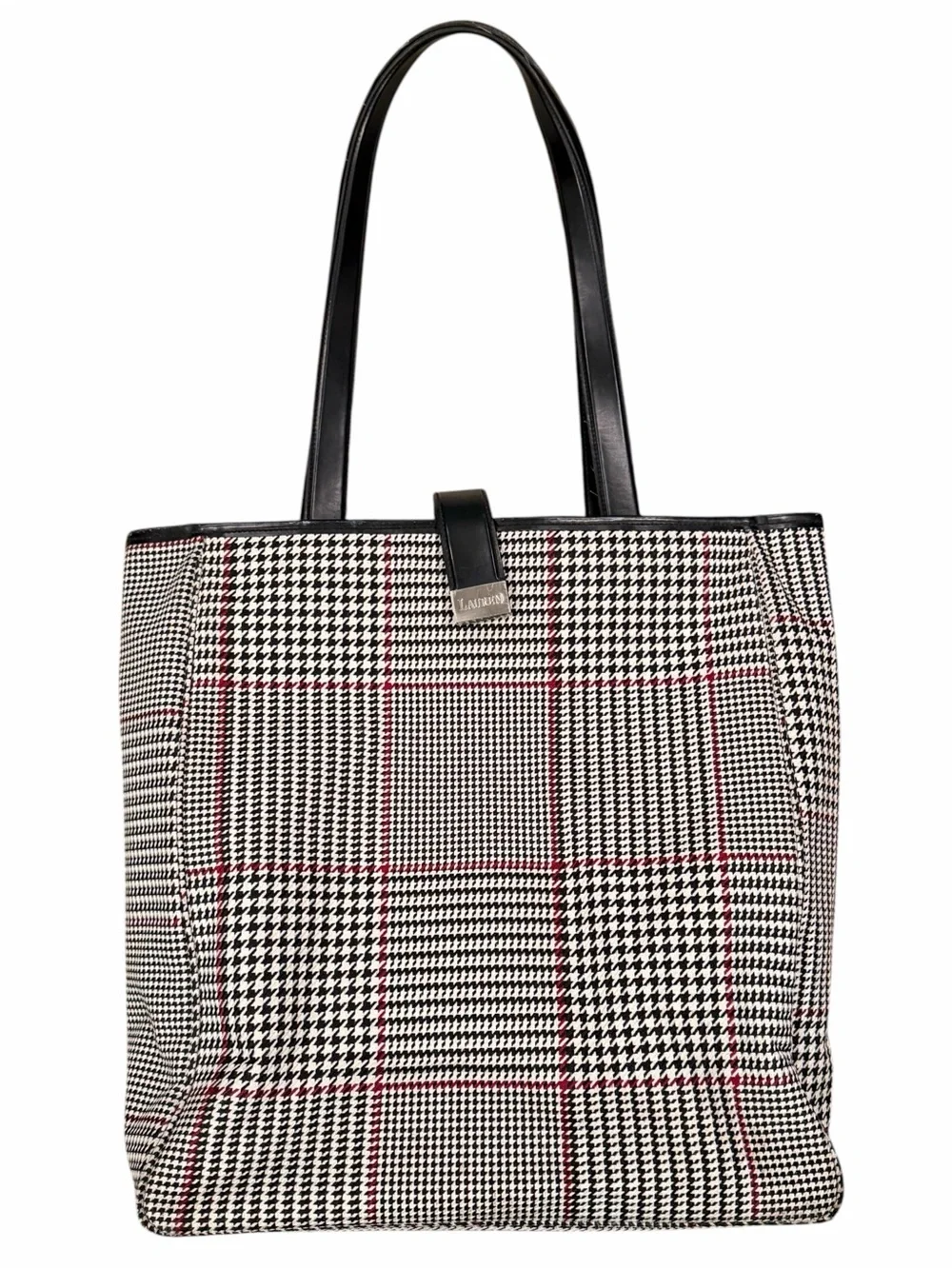 Lauren Ralph Lauren Houndstooth Tote Black White Red Snap, Lined Pockets